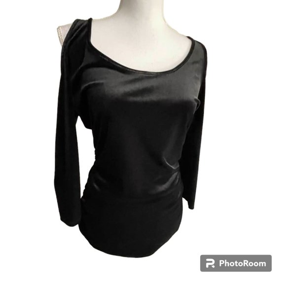 Boston Proper Velvet Cold-Shoulder Event Festive Holiday Black Top w Rouching - Picture 6 of 15